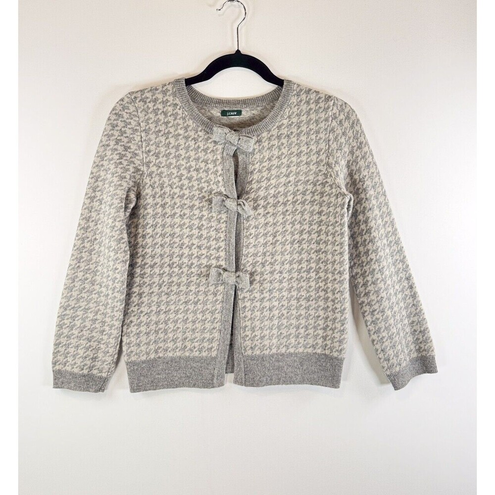 J Crew Womens Cardigan Gray Houndstooth Bow Knit Crop Sweater Coquette M Medium